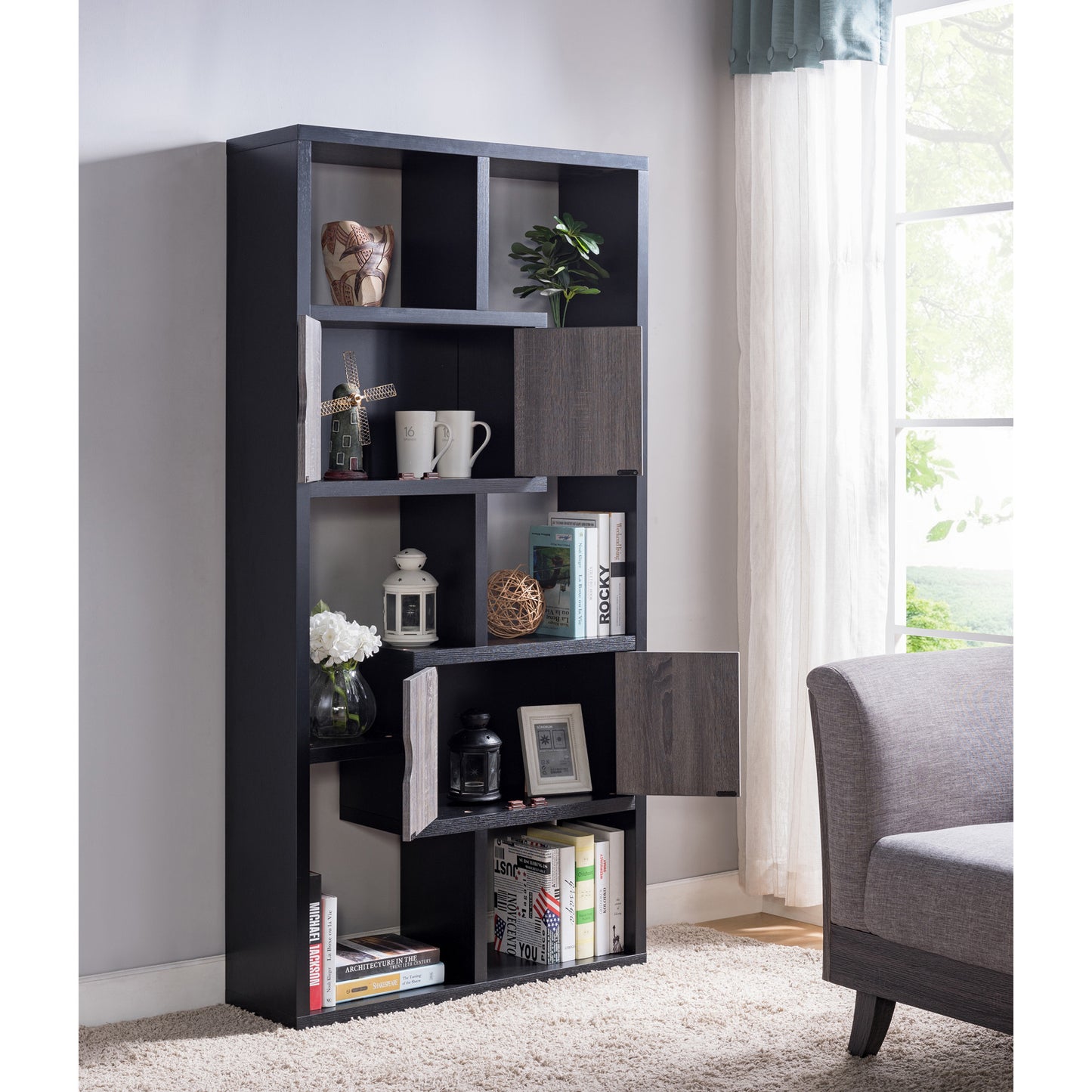 Two-Toned Display Cabinet, Two Door Bookcase Six Shelves in Black & Distressed Grey