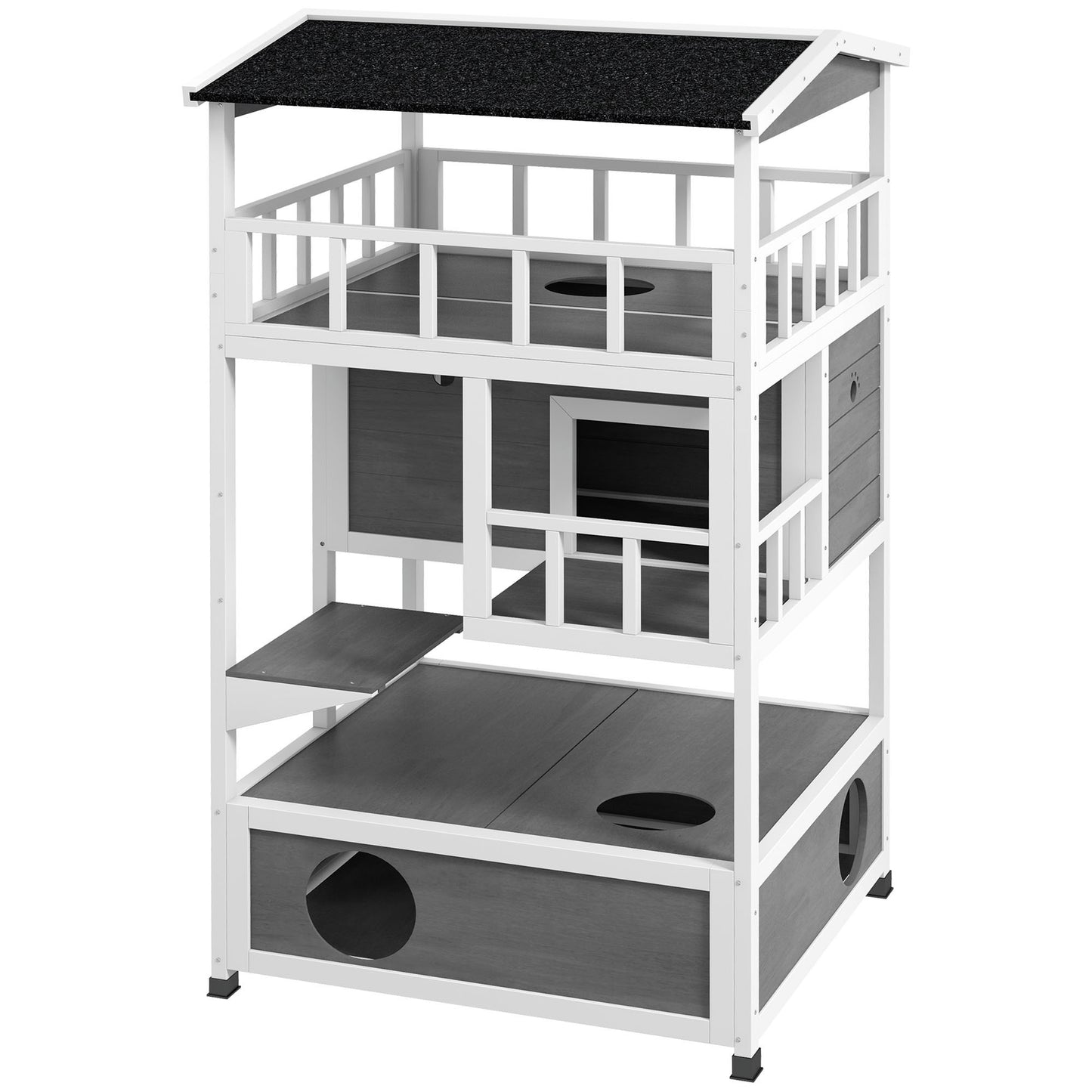 PawHut Wooden Outdoor Cat House, Feral Cat Shelter Kitten Condo with Asphalt Roof, Escape Doors, Condo, Jumping Platform, Light Gray