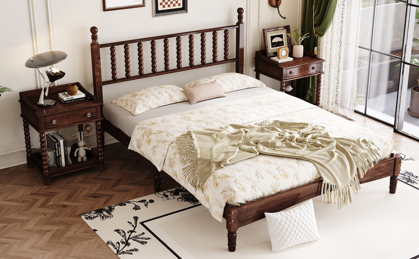 Queen Size Wood Platform Bed with Gourd Shaped Headboard,Retro Style Platform Bed with Wooden Slat Support,Walnut