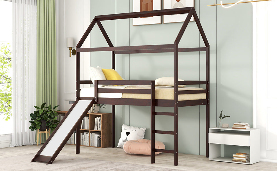 Twin Loft Bed with Slide, House Bed with Slide,Espresso(OLD SKU :WF286245AAP)