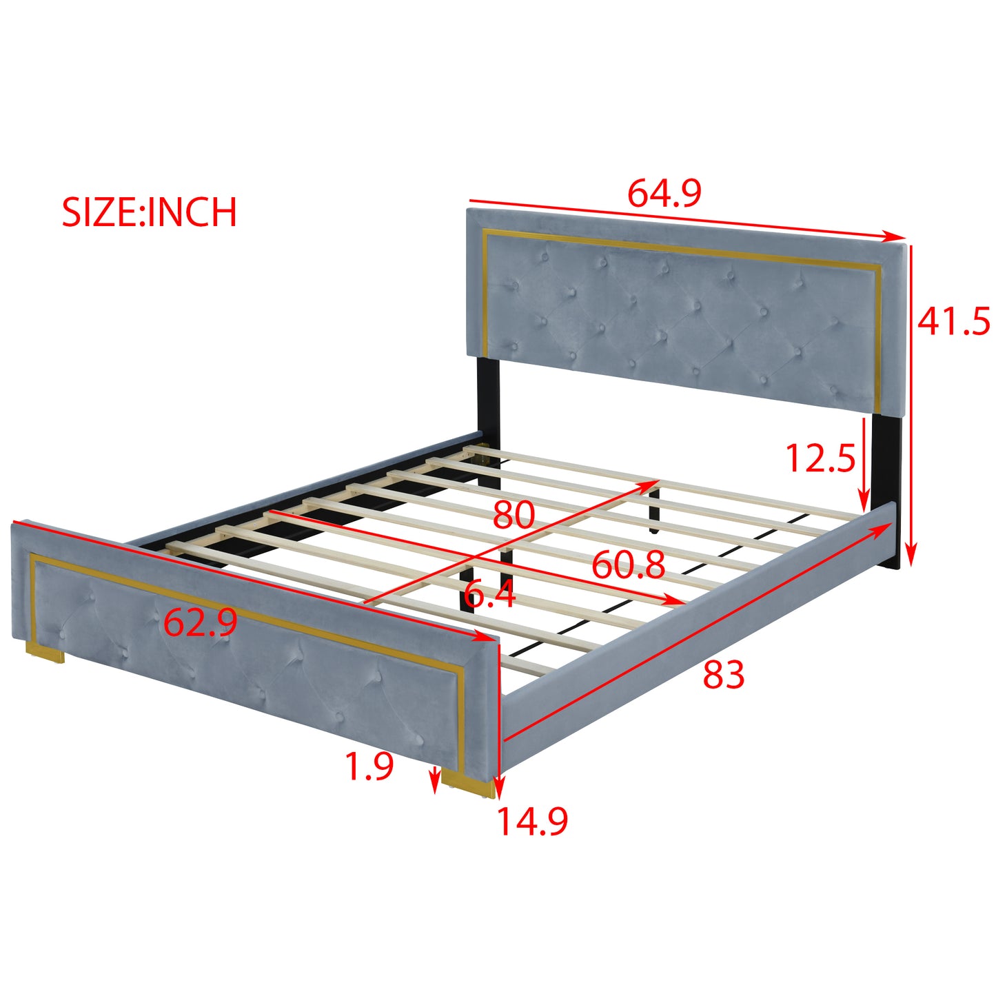 Queen Size Upholstered Platform Bed With Pull Point Headboard And Metal Wire Frame At The Head And Foot Of The Bed, Metal Feet, Velvet, Gray