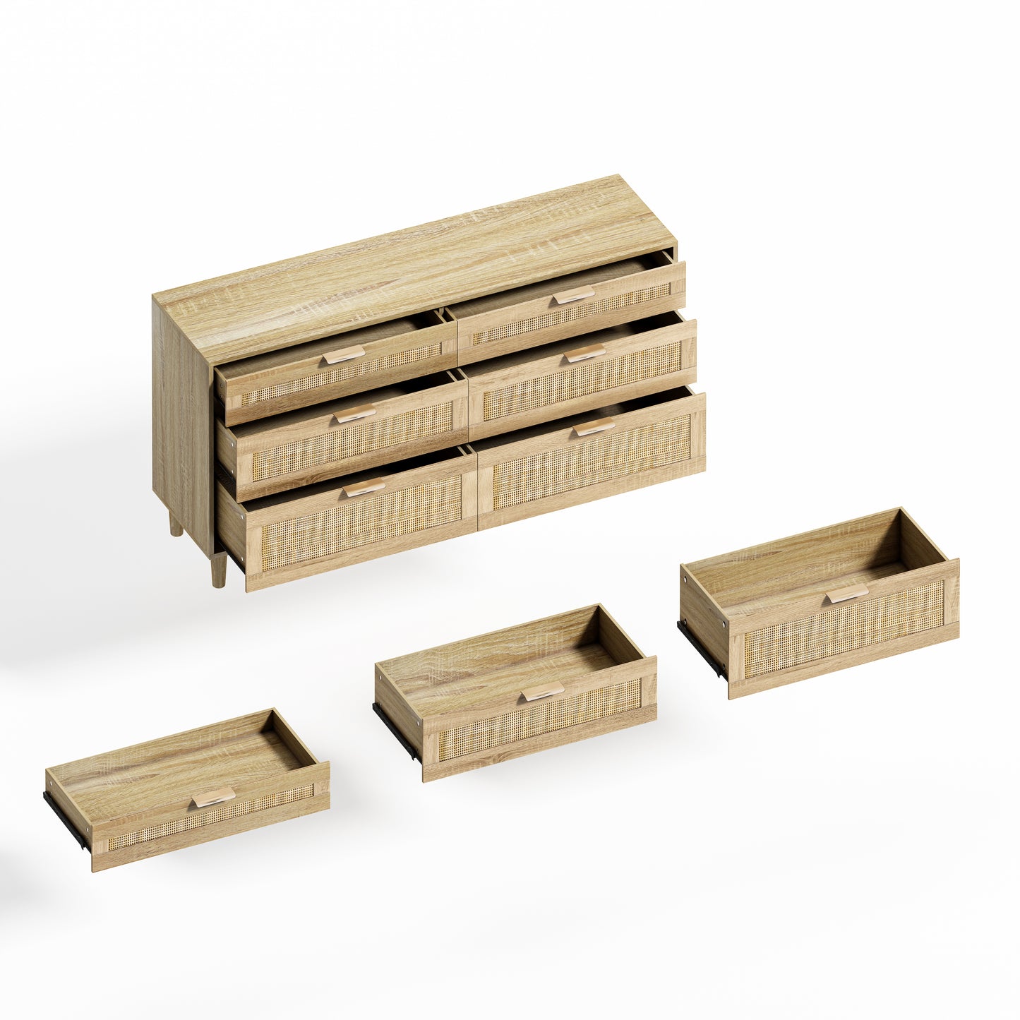 59" Rattan Dresser with Drawers, 6 Drawer Dresser for Bedroom, Clothes Storage Cabinet for Bedroom, Metal Handle&Wood Legs for Hallway, Living Room, Bedroom,Natural