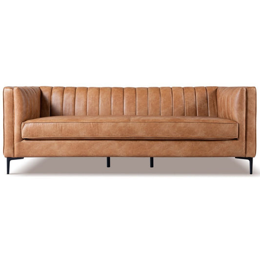 Angelina Mid-Century Modern Cognac PU Leather Sofa 84 Inch