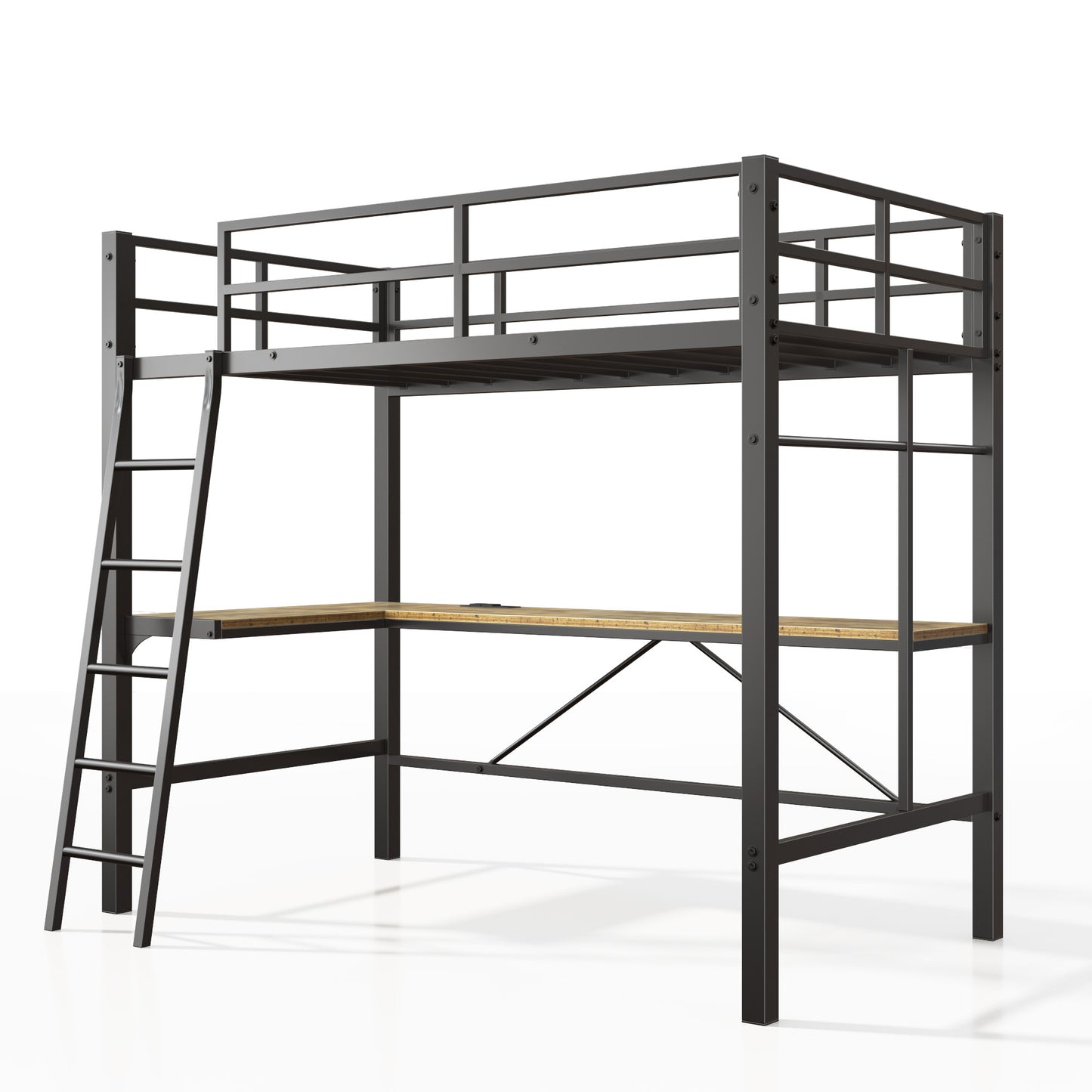 Twin Metal Loft Bed with L-Shaped Desk, Charging Station Loft Bed Frame Twin Size, Safety Guard & Ladder, No Box Spring Needed, Black