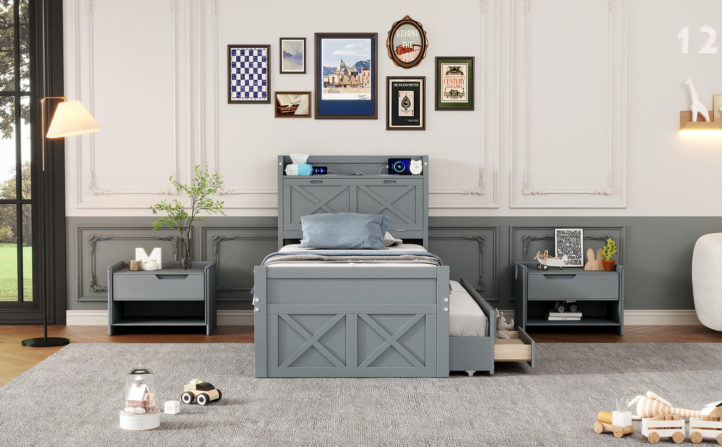 Twin Size Wooden Bed with Storage Headboard with Outlets, Extendable Bed with Twin Size Trundle with Three Storage Drawers,Gray