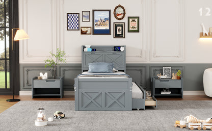 Twin Size Wooden Bed with Storage Headboard with Outlets, Extendable Bed with Twin Size Trundle with Three Storage Drawers,Gray