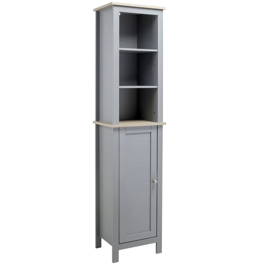 kleankin Tall Bathroom Storage Cabinet with 3 Tier Shelf, Door, Free Standing Linen Tower, Slim Side Organizer, Grey