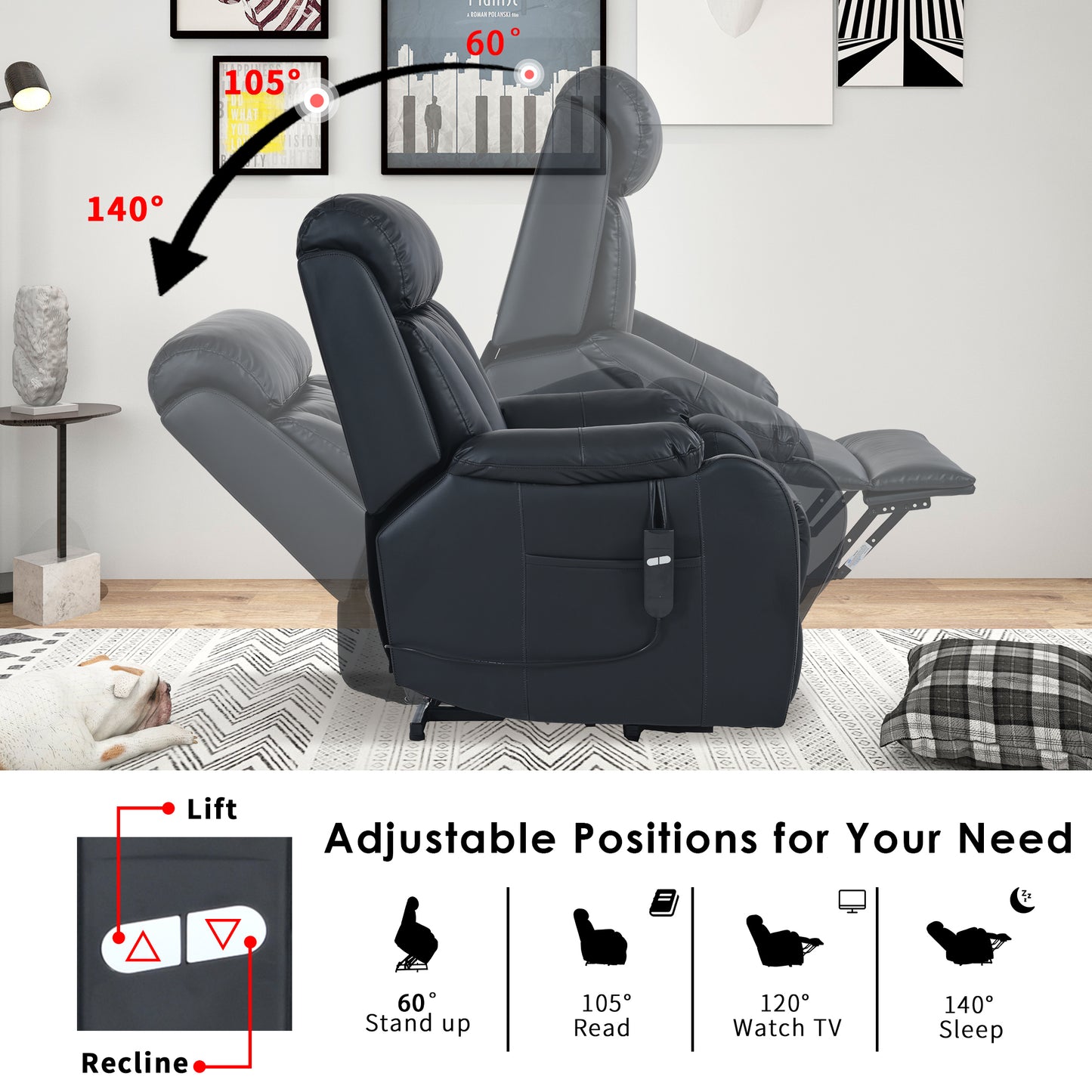 Electric Power Lift Recliner Chair for Elderly, PU Recliner Chair for Seniors, Home Theater Seating,Living Room Chair,Side Pocket, Remote Control (Black PU)