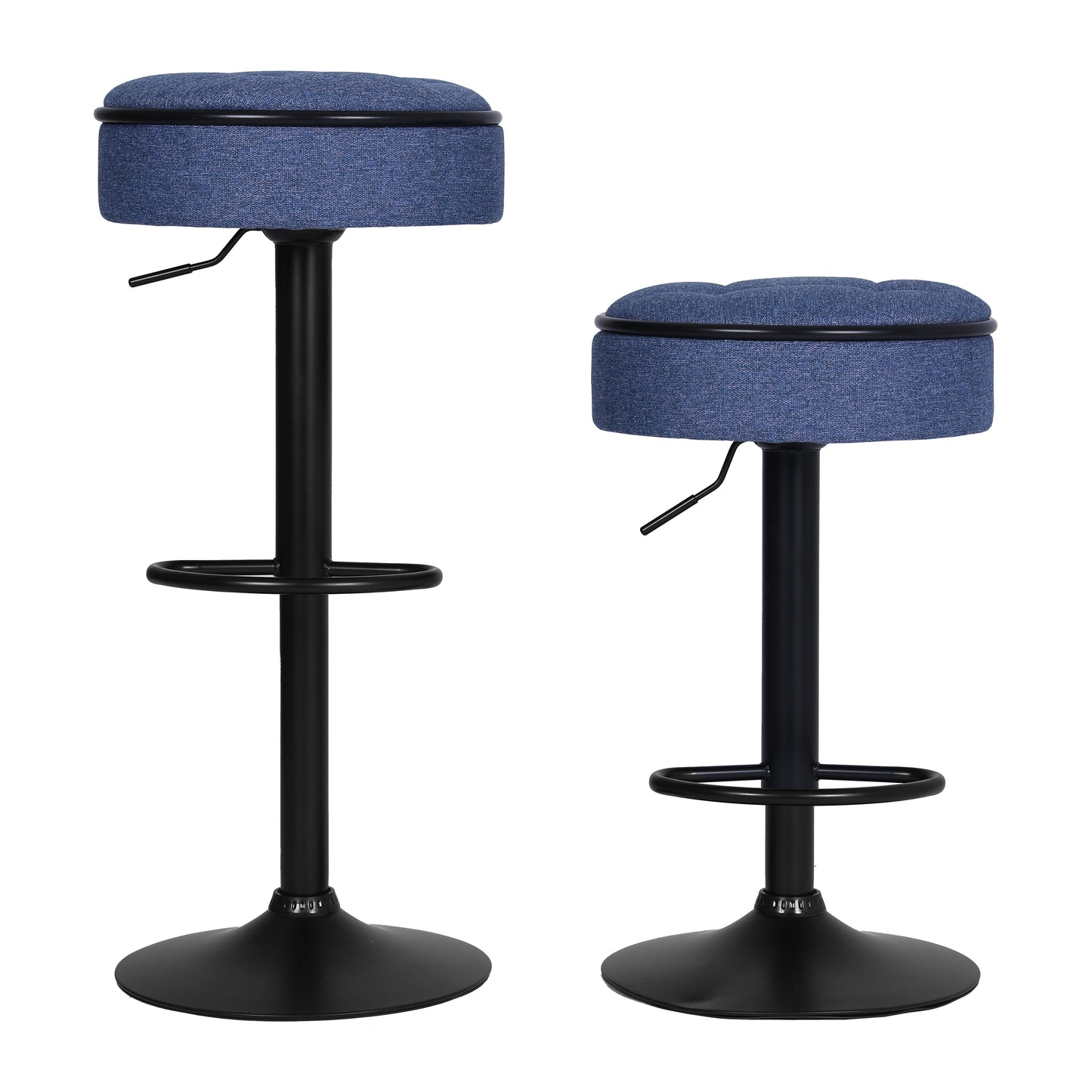 Round Storage Bar Stool Set of 2, Blue Linen Height Adjustable Barstool, 360°Counter Height Swivel Stool, Armless Bar Chair with Metal Frame for Kitchen Counter Dining Living Room