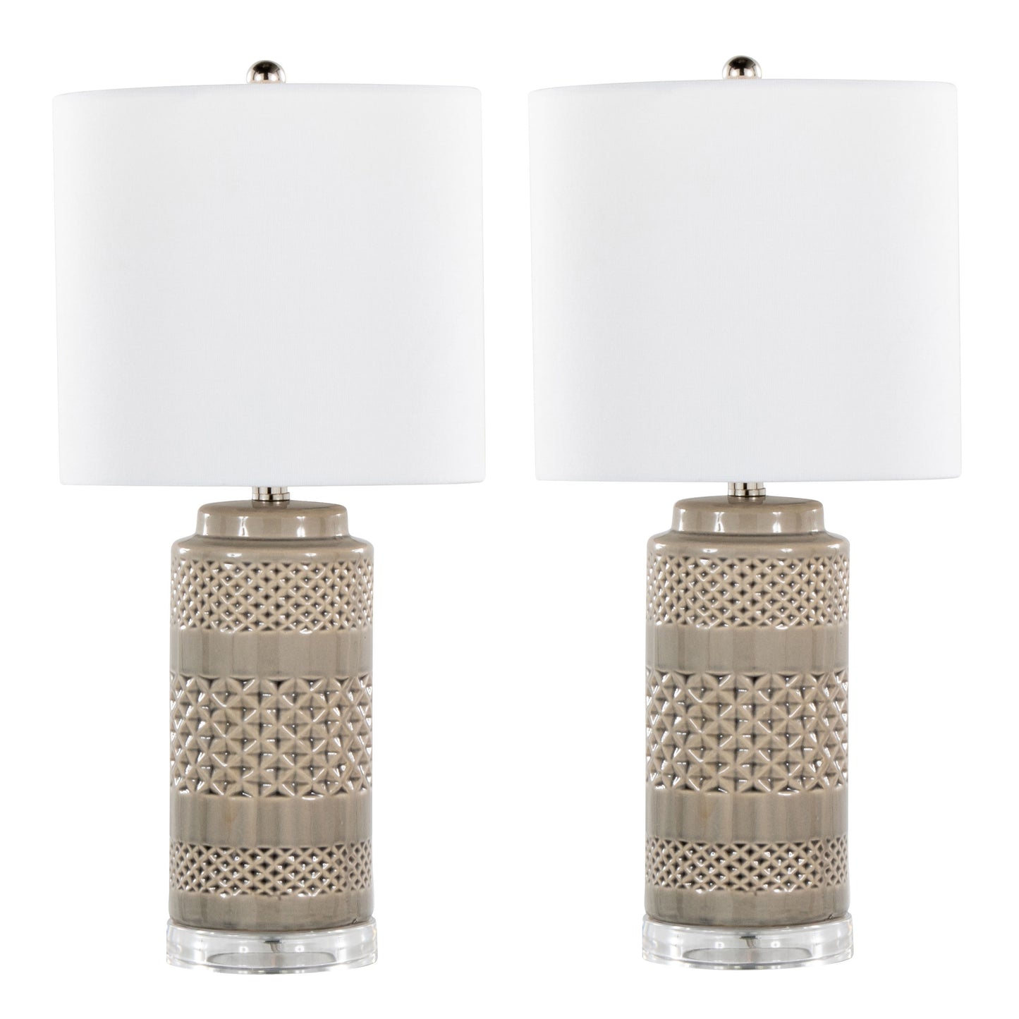 Casa 21" Contemporary Ceramic Table Lamp in Opal Gray Ceramic, Polished Nickel, Clear Acrylic Accents and White Linen Shade from Grandview Gallery by LumiSource - Set of 2