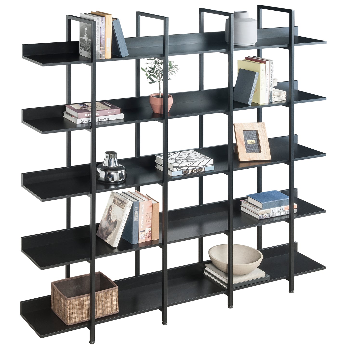 5 Tier Bookcase Home Office Open Bookshelf, Vintage Industrial Style Shelf with Metal Frame, MDF Board