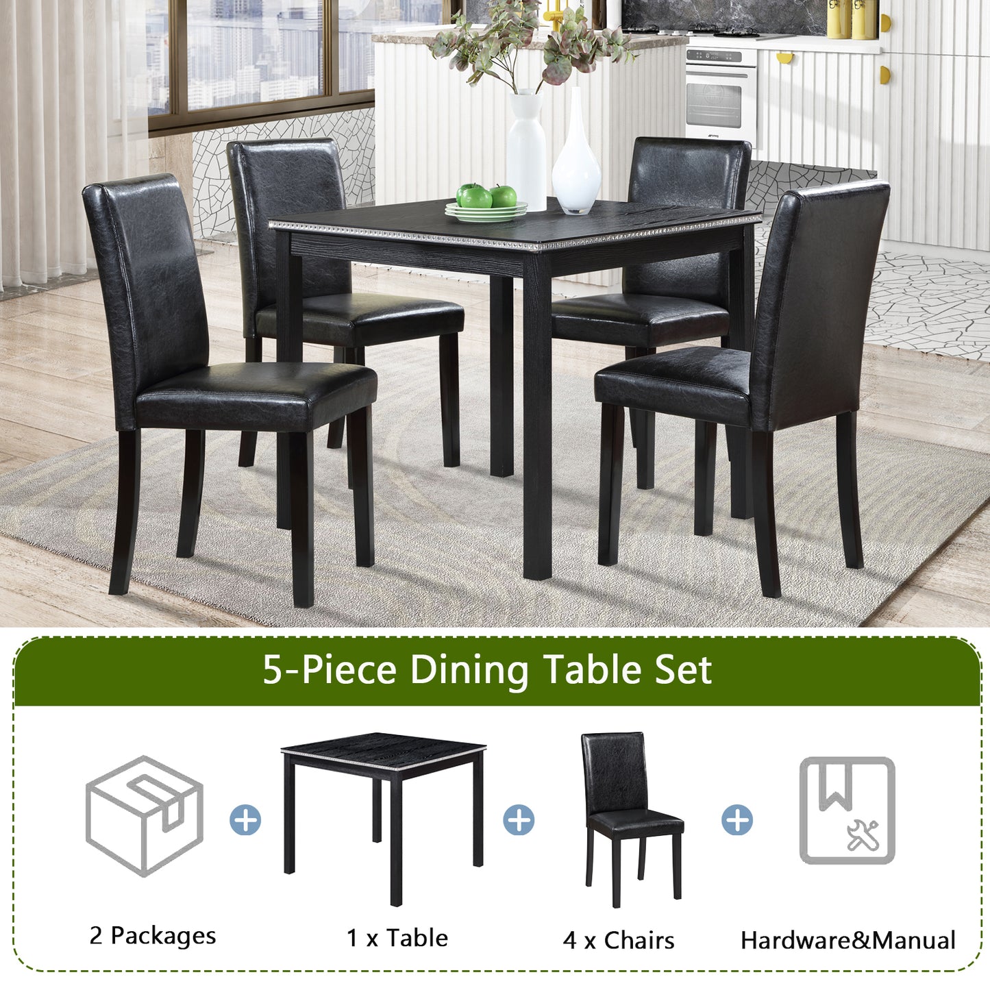 5 Piece Wooden Dining Table Set, Kitchen Table Set with a Square Table and 4 Upholstered Chairs, Wooden Dining Room Table with Crystal Decoration and Chairs Set for Kitchen, Dining Room, Black