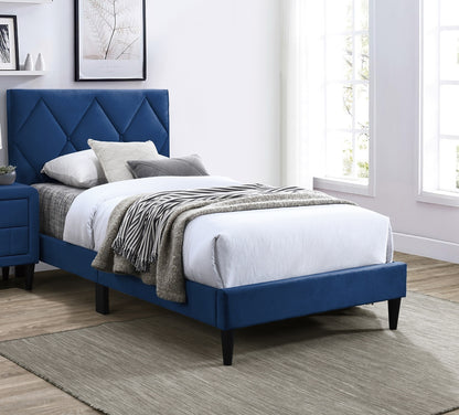 Twin Size Bed w Adjustable Headboard 1pc Bedframe, Navy Blue Velvet Upholstered Youth Bedroom Furniture