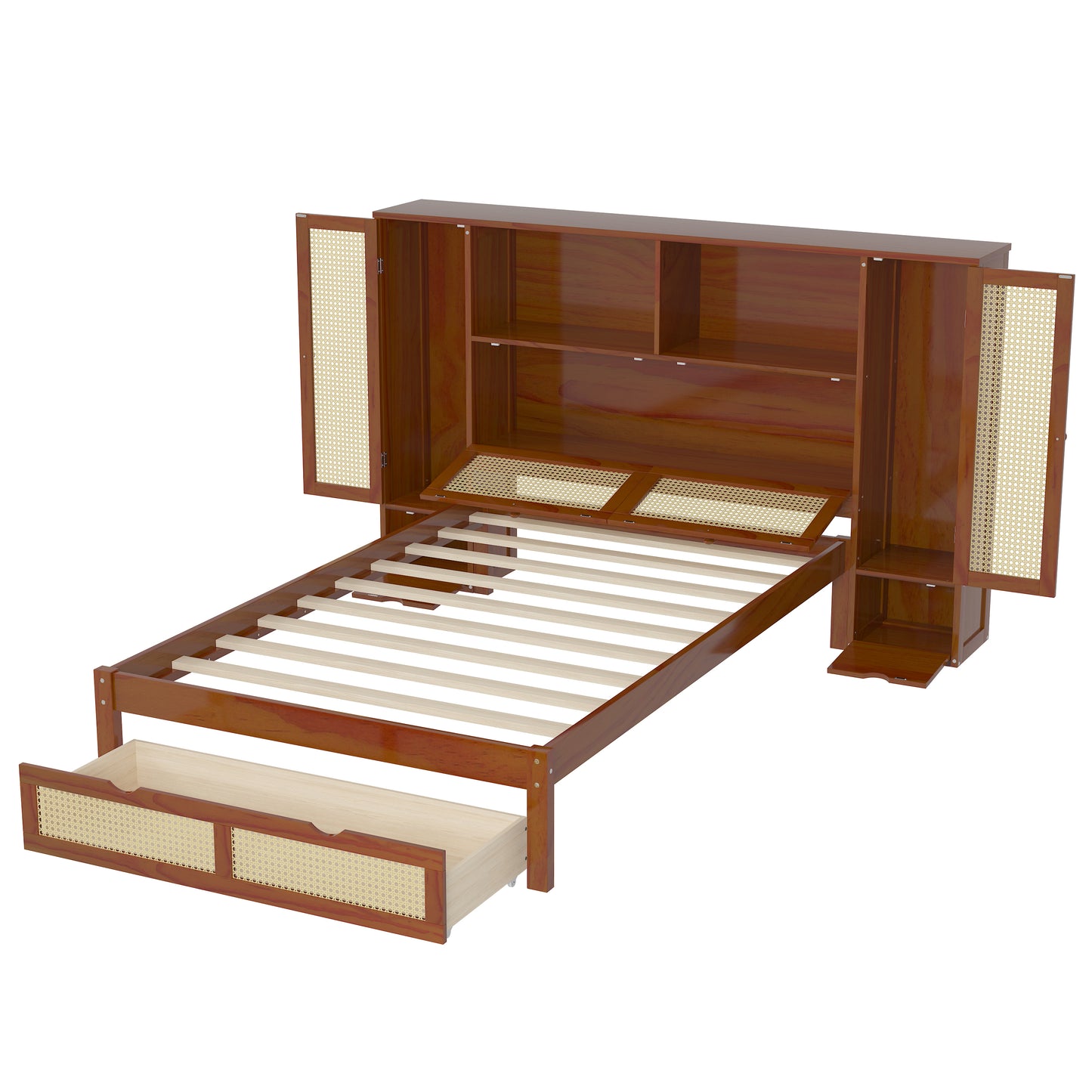 Twin Size Wooden Bed with Two Storage Lockers, Drawer, and Storage Shelf on Headboard, Multifunctional Platform Bed with Natural Rattan, Walnut