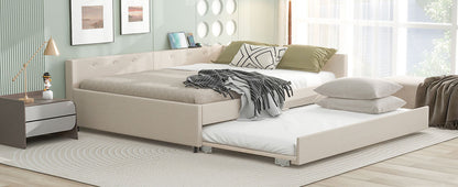 Queen Size Upholstered Platform Bed with USB and Twin Size Trundle, Beige