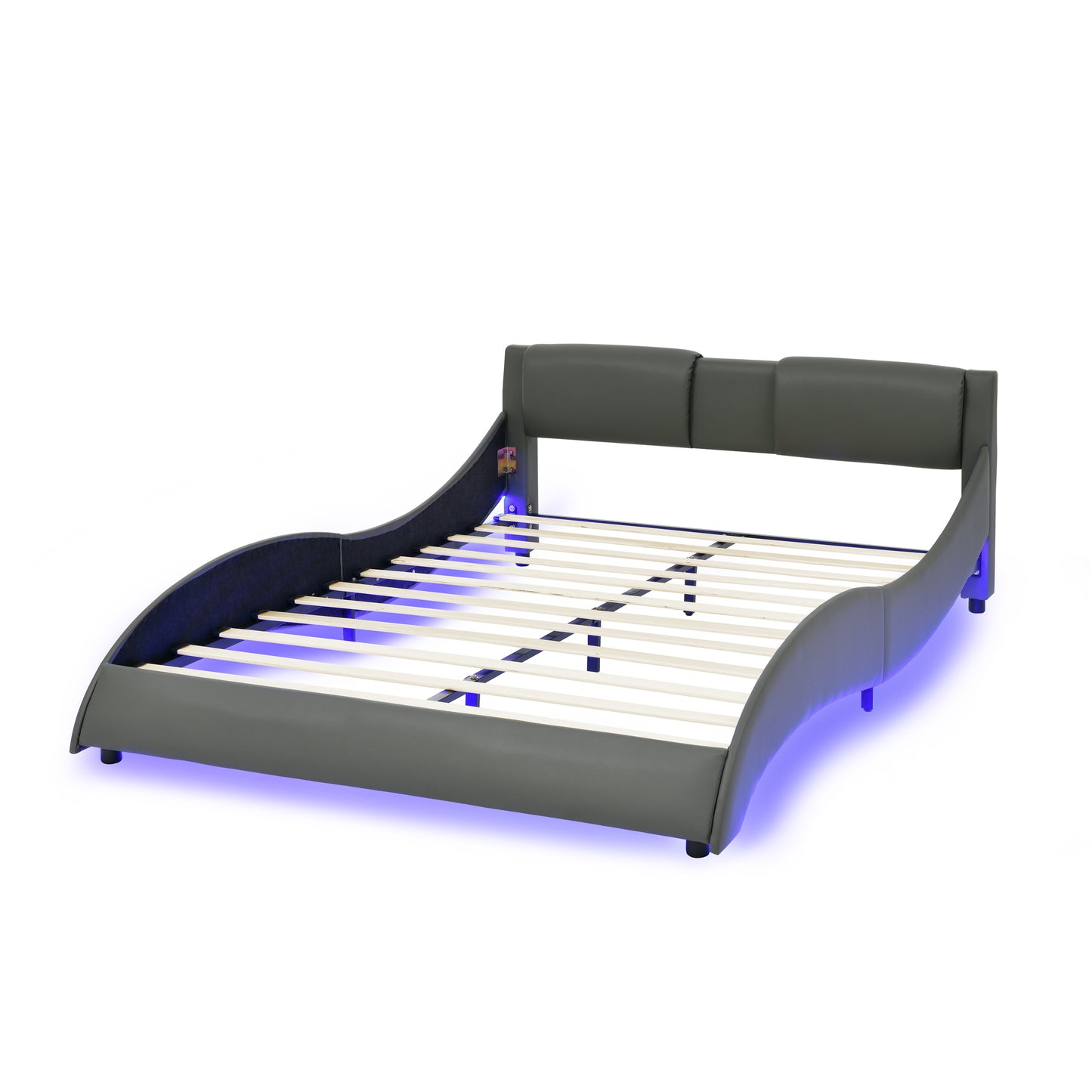 Queen Led Bed Frame Modern Faux Leather Upholstered Platform Bed Frame with RGB LED Lights and Headboard Wave Like Curve Low Profile Bed Frame,Wood Slats Support,Easy Assembly, Grey