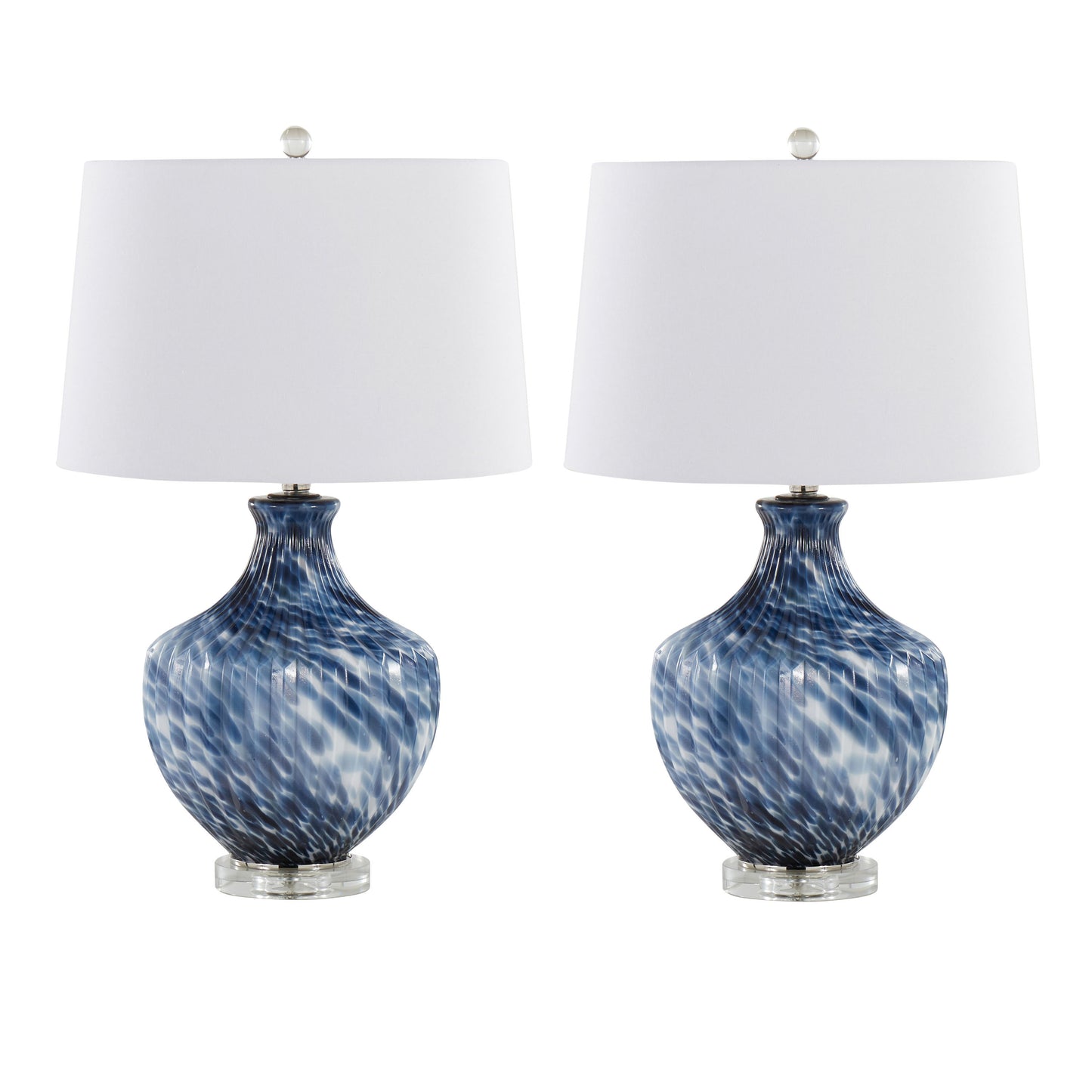 Lotus 27" Contemporary Glass Table Lamp in Waved True Navy and Gold Glass, Polished Nickel and Clear K9 Crystal with White Linen Shade from Grandview Gallery by LumiSource - Set of 2