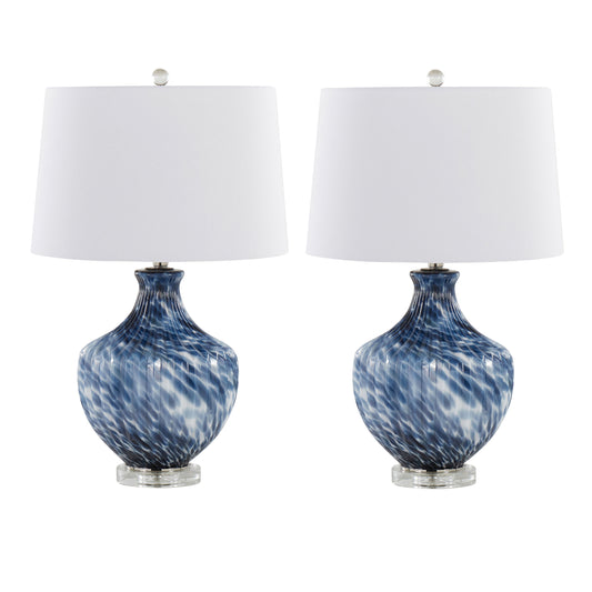 Lotus 27" Contemporary Glass Table Lamp in Waved True Navy and Gold Glass, Polished Nickel and Clear K9 Crystal with White Linen Shade from Grandview Gallery by LumiSource - Set of 2