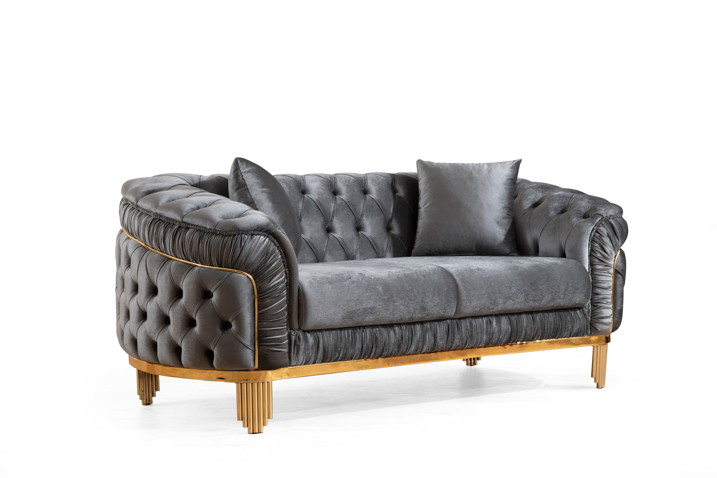 2 PC Livingroom Set in Grey and Gold with Fabric button-tufted velvet upholstery Finish