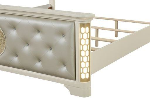 King 4 Pc Unique LED Vanity Bedroom Set made with Wood in Beige