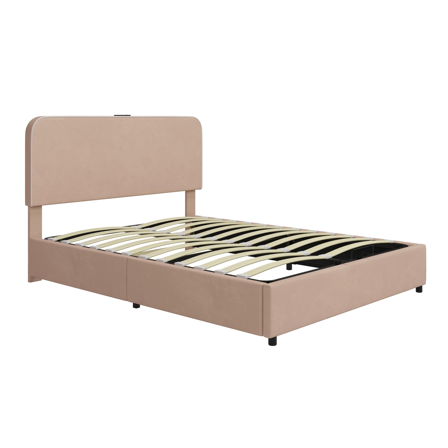 Upholstered Platform Full Size Hydraulic Storage Bed, Lift Up Storage Bed with RGB LED Light, Bluetooth Speaker, No Box Spring Needed, Lychee Velvet,Pink