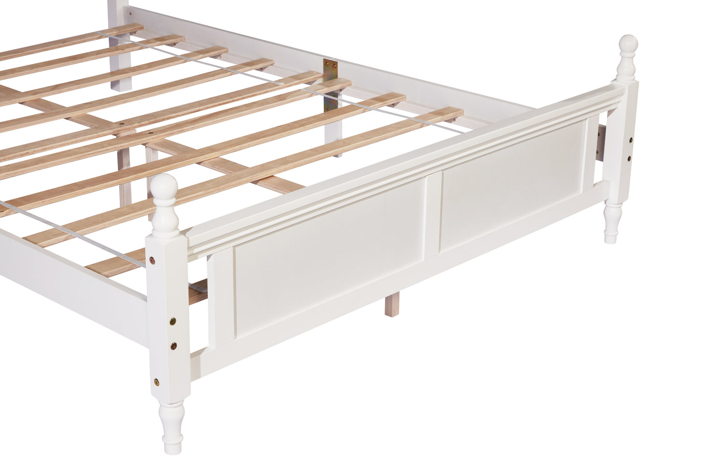 Queen Pine wooden Bed with Upholstered Headboard  and Panel Footboard, with  Two Bed Rail Support Feet and Central Platform Support Feet ,White