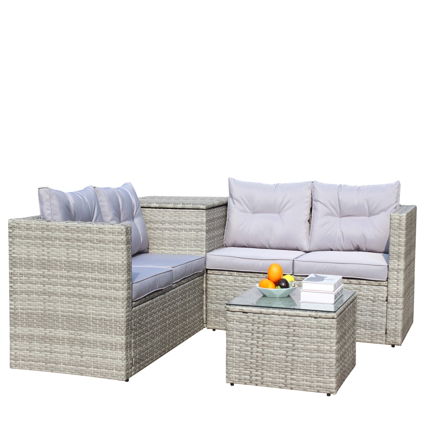 4 Piece Patio Sectional Wicker Rattan Outdoor Furniture Sofa Set with Storage Box Grey