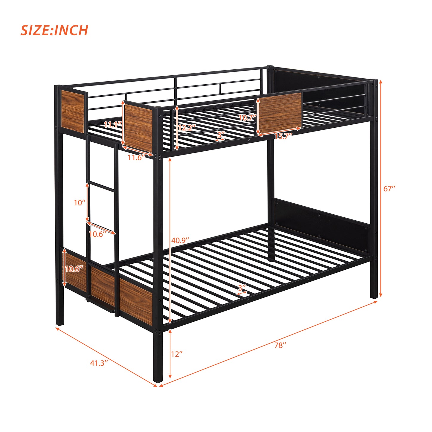 Twin-over-twin bunk bed modern style steel frame bunk bed with safety rail, built-in ladder for bedroom, dorm, boys, girls, adults (OLD SKU:MF190839AAD)