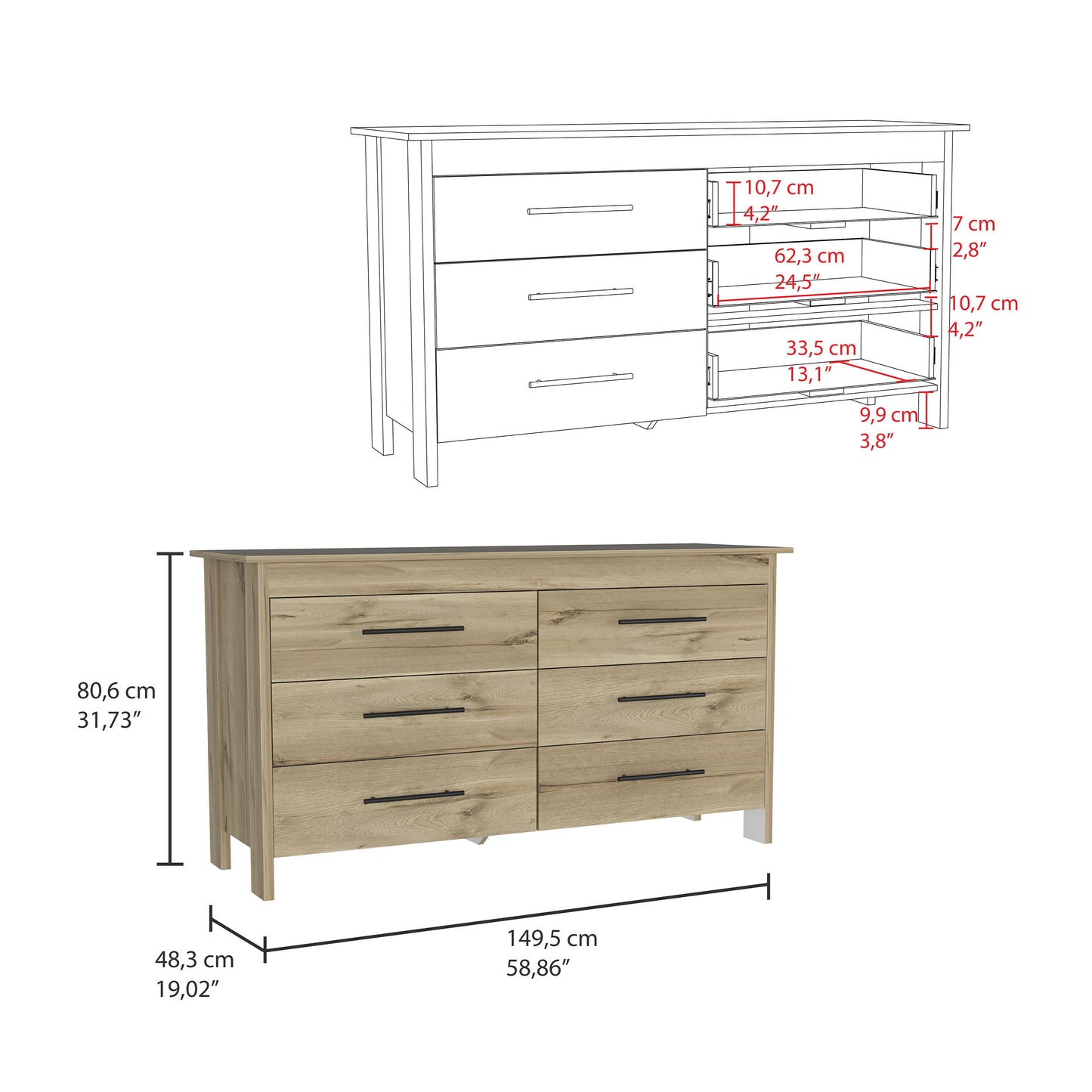 6 Drawer Double Dresser Wezz, Bedroom, Light Oak / White