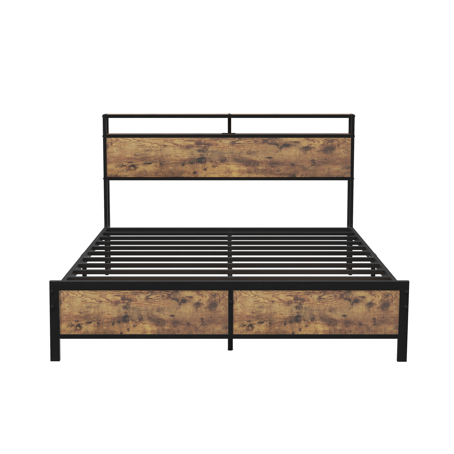 Industrial Full Bed Frame with LED Lights and 2 USB Ports, Bed Frame Full Size with Storage, Noise Free, No Box Spring Needed, Rustic Brown