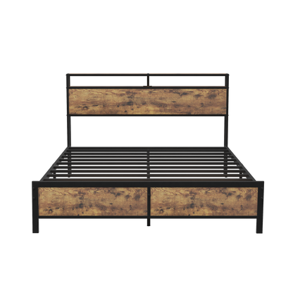 Industrial Full Bed Frame with LED Lights and 2 USB Ports, Bed Frame Full Size with Storage, Noise Free, No Box Spring Needed, Rustic Brown