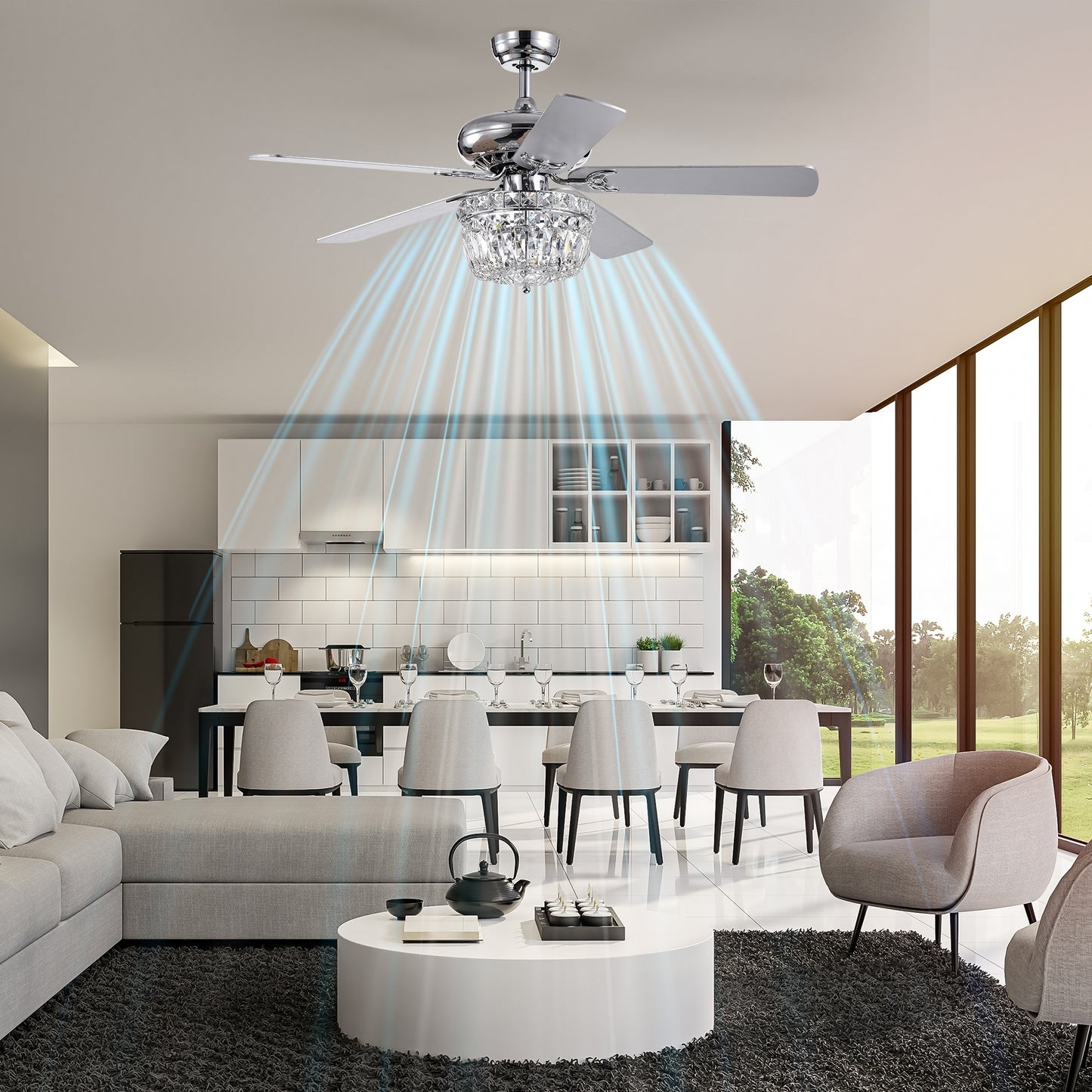 52 Inch Crystal Chandelier Fan  Dual Finish Reversible Blades, Fandelier,Ceiling Fan With Remote Control 3 Speed (Low,Mid,High) for Living Room, Dining Room, Bedroom, Family Room, Chrome