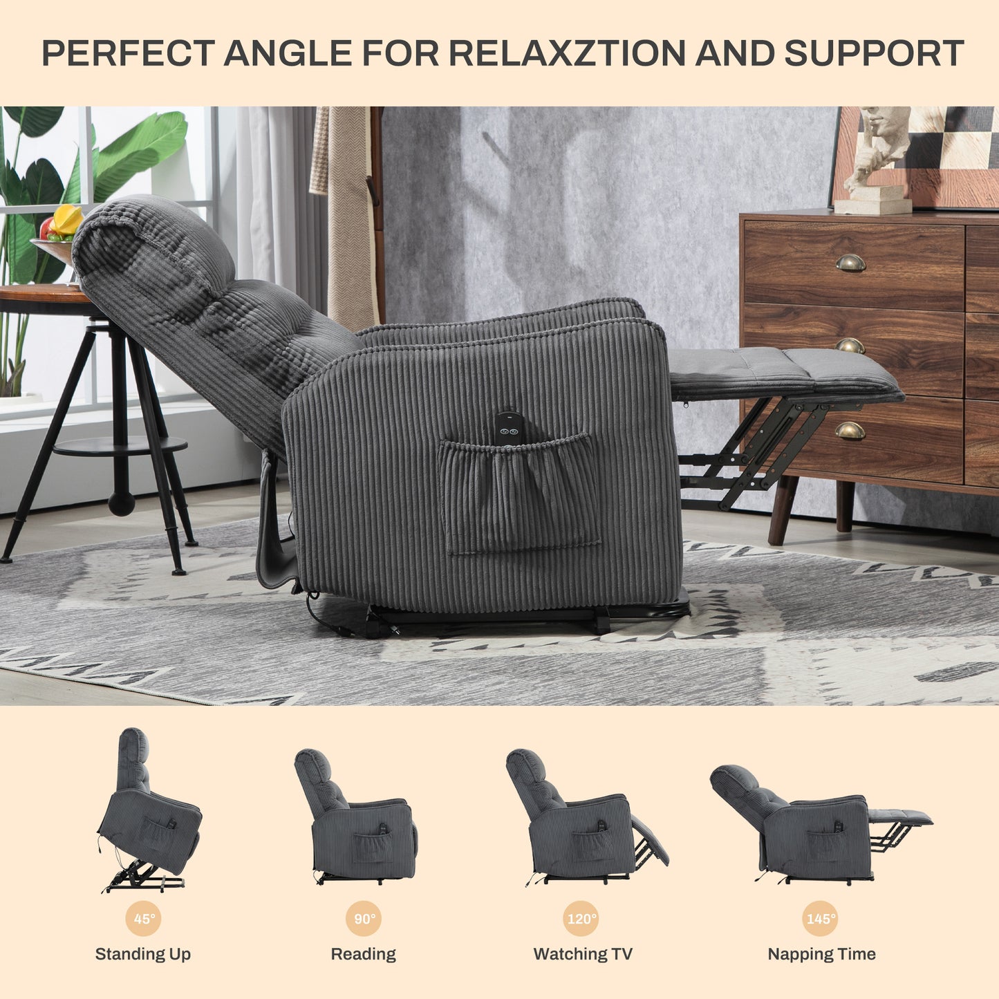 COOLMORE Recliner Chair, Electric Recliner Chairs for Adults, Side Pocket Power Reclining Chair Pocket Springs Seat Cushion, Corduroy Fabric Recliner Sofa for Living Room, Bedroom, Home Theater (DG)