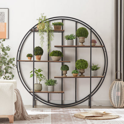 Round 5-Tier Metal Plant Stand bookcase storage rack, Indoor Living Room Terrace Garden Balcony Display Stand. Rustic Brown, 67'' W x 11.8'' D x 67'' H.