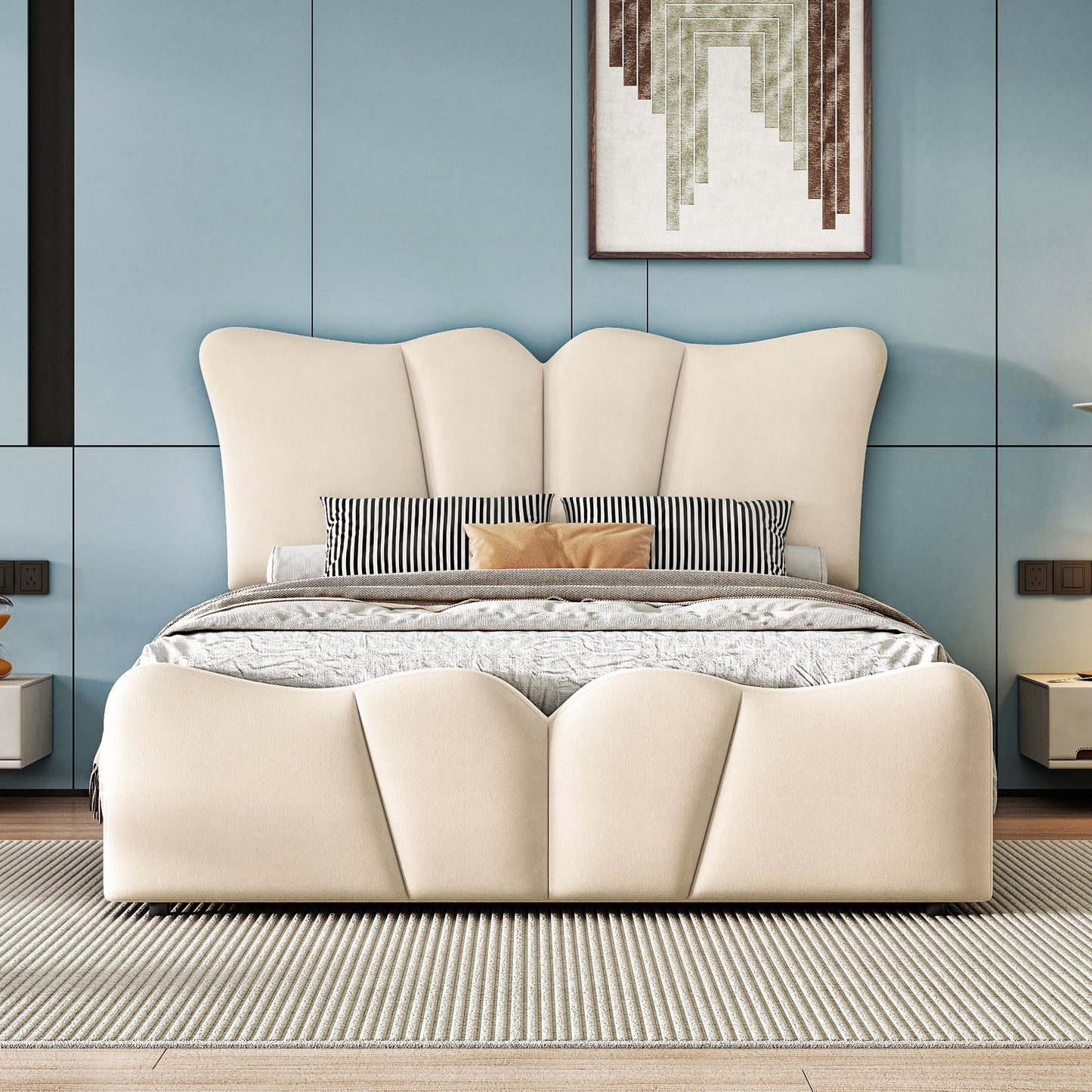 Twin Size Upholstered Platform Bed Velvet Upholstered Bed, Beige