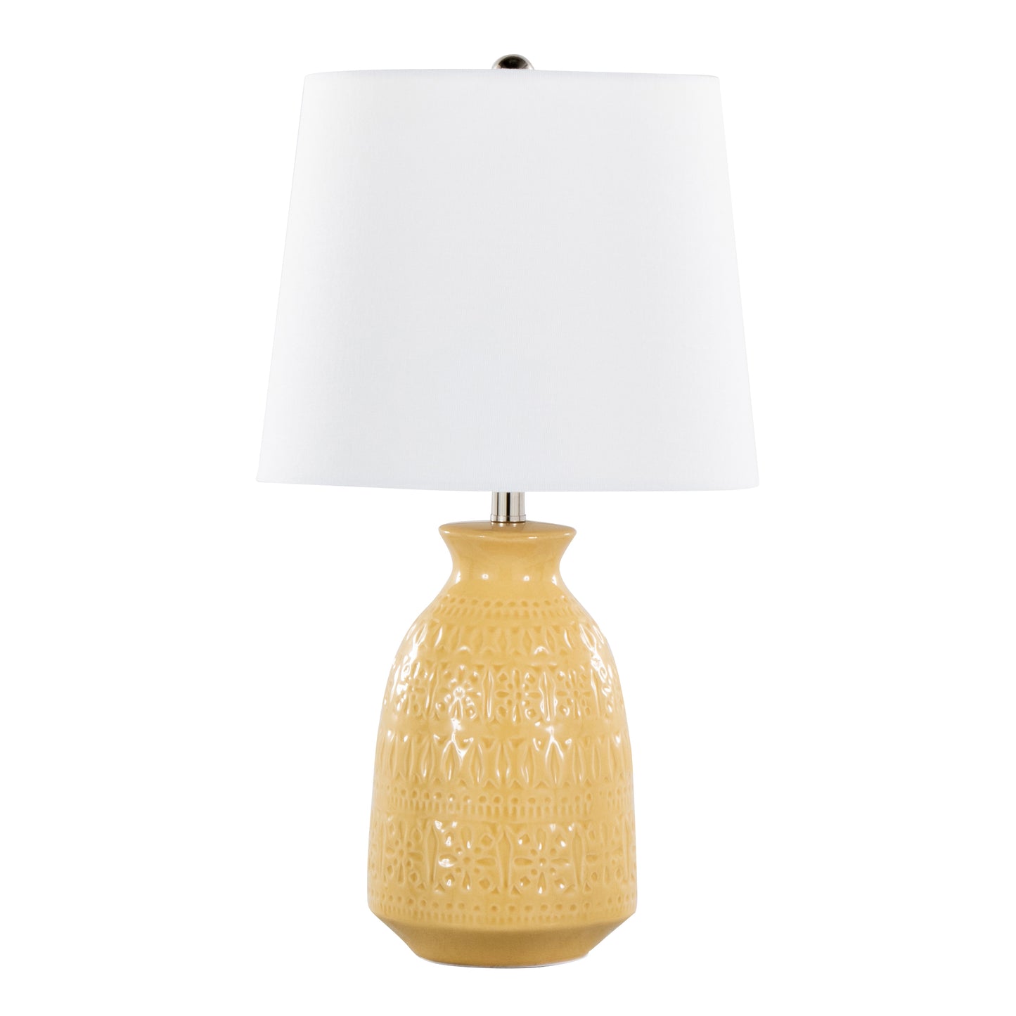 Claudia 20" Contemporary Ceramic Accent Lamp in Misted Yellow Ceramic, Polished Nickel Accents and White Linen Shade from Grandview Gallery by LumiSource - Set of 2