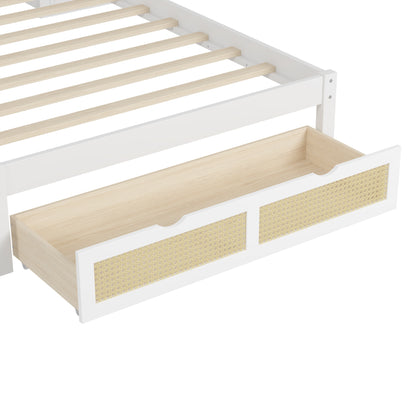 Twin Size Wooden Bed with Two Storage Lockers, Drawer, and Storage Shelf on Headboard, Multifunctional Platform Bed with Natural Rattan, White