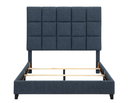 Queen Size Navy Blue Denim Squares Upholstered Platform Bed