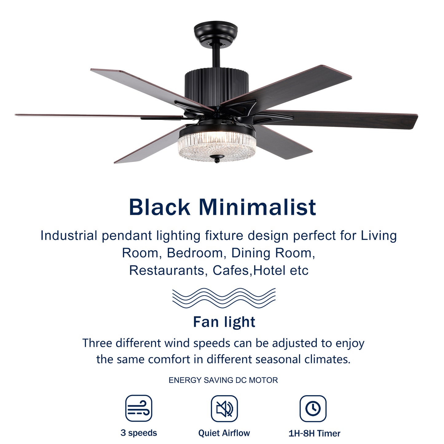 52 Inch Indoor Modern LED Ceiling Fan with Light and Remote Control, Reversible 6 Blades , Reversible Motor  - (Matte Black)