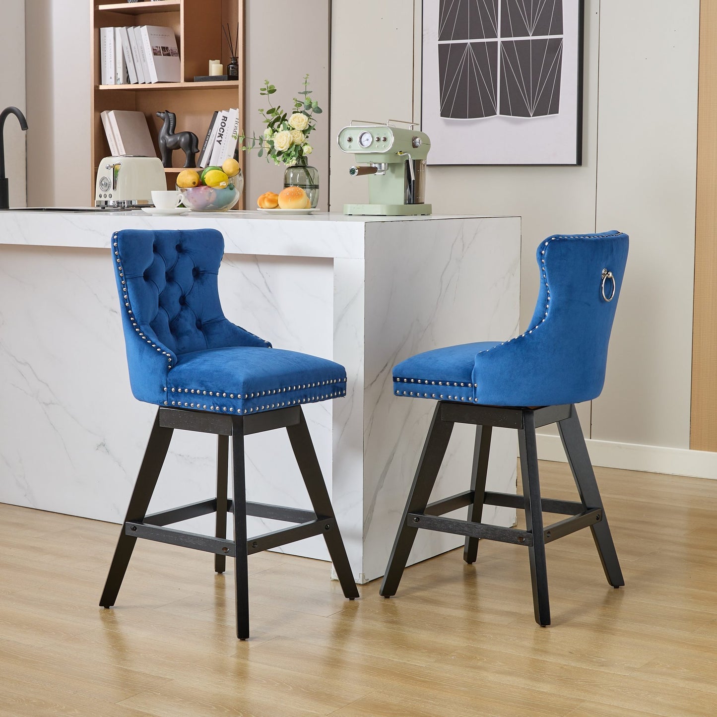 Swivel Velvet Barstools with Button Tufted Decoration and Wooden Legs, and Chrome Nailhead Trim, Leisure Style Bar Chairs,Bar stools, Set of 2 (Blue),SW1860BL