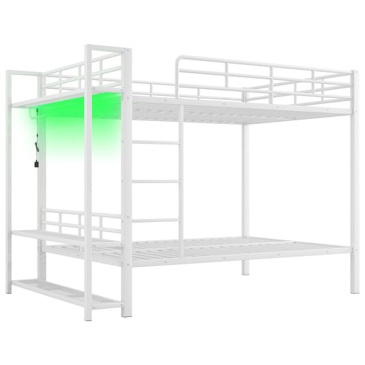 Modern White Metal Full Over Full Bunk Bed with LED Light, Mesh Shelves, Clothes Hooks, and Reinforced Guardrails