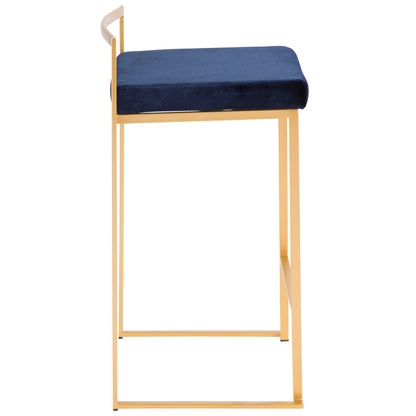 Fuji Contemporary-Glam Stackable Counter Stool in Gold with Blue Velvet Cushion by LumiSource - Set of 2