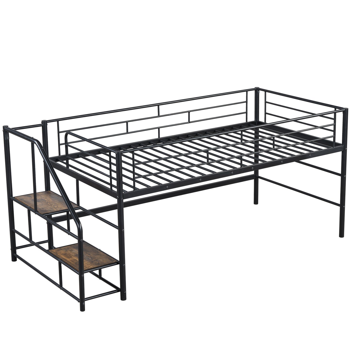 Modern Black Twin Mid Loft Bed with Storage Stairs and Metal Frame