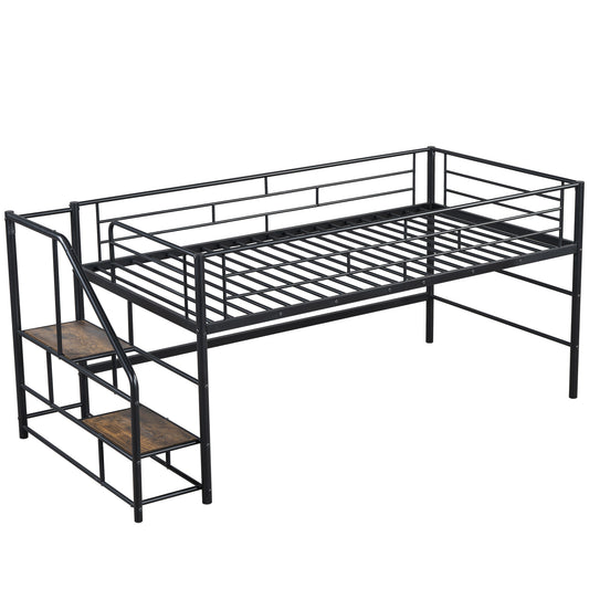 Modern Black Twin Mid Loft Bed with Storage Stairs and Metal Frame