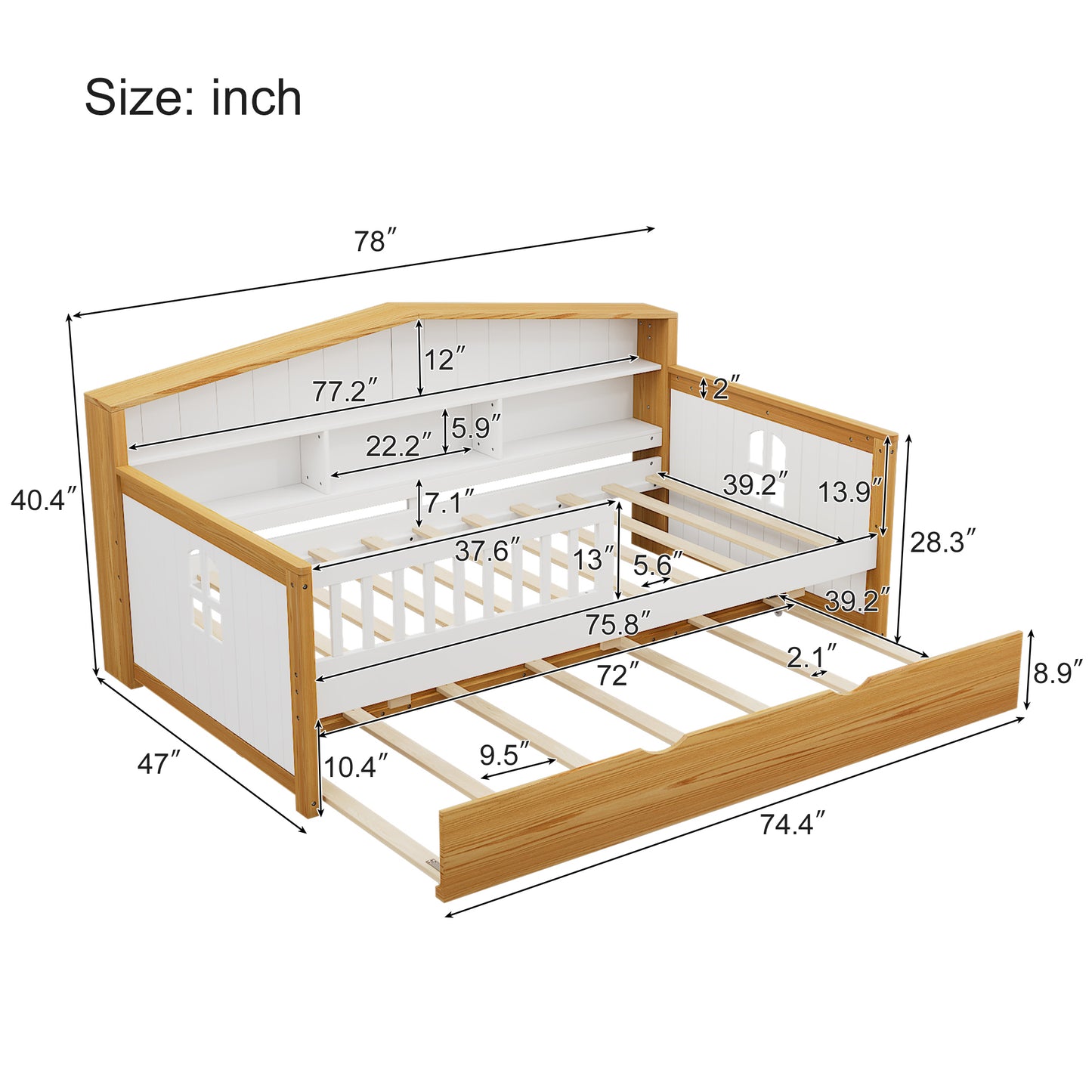 Twin Size House Shape Daybed with Trundle and Bookcase Headboard  Wooden  Bed Safety Fence Guardrails  Bed for Girls Boys Teens, No Box Spring Needed, Walnut and White