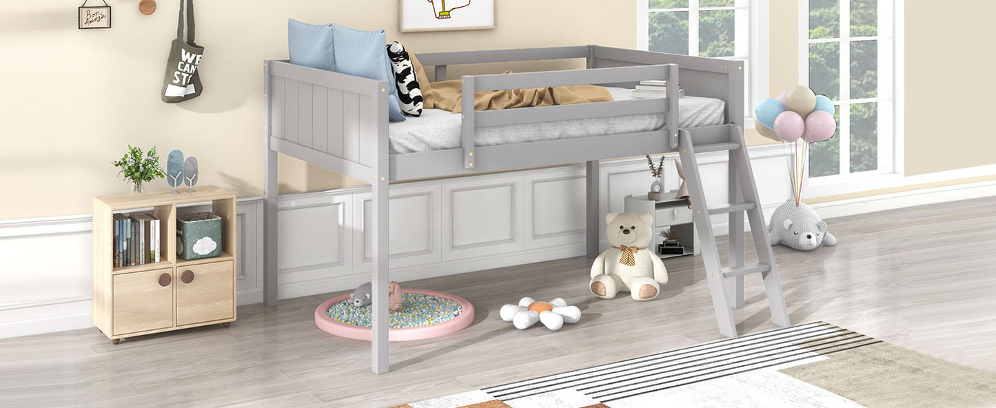 Twin Size Wood Low Loft Bed with Ladder, ladder can be placed on the left or right, Gray