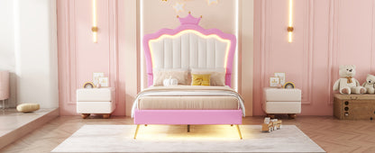 Twin Size Upholstered Bed Frame with LED Lights, Modern Upholstered Princess Bed with Crown Headboard, Pink+White