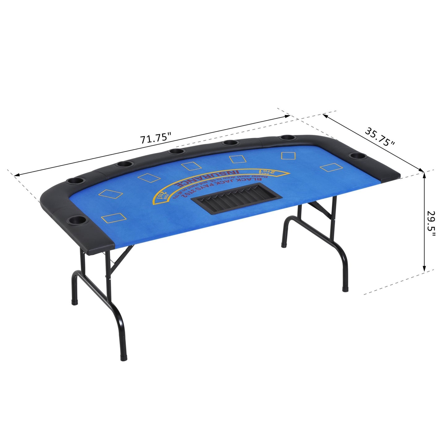 Soozier Poker Table Foldable, 72" Blackjack Table for 7 Players with Chip & Cup Holder, Blue Felt