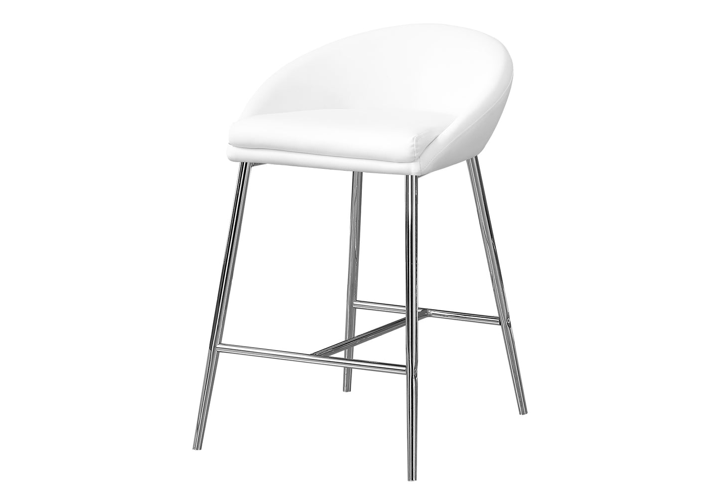 Bar Stool, Set Of 2, Counter Height, Kitchen, Chrome Metal, White Leather Look, Contemporary, Modern