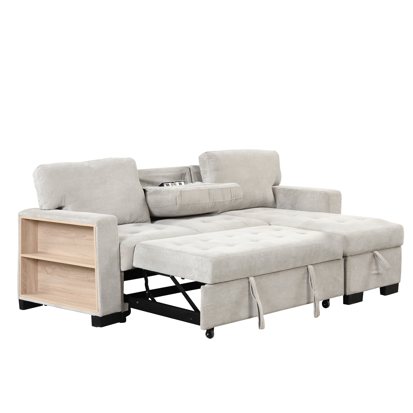 Stylish and Functional Light Chaise Lounge Sectional with Storage Rack Pull-out Bed Drop Down Table  and USB Charger Light Gray